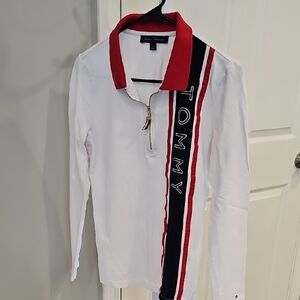 Tommy Hilfiger White Polo with Red and Black Accents Size S